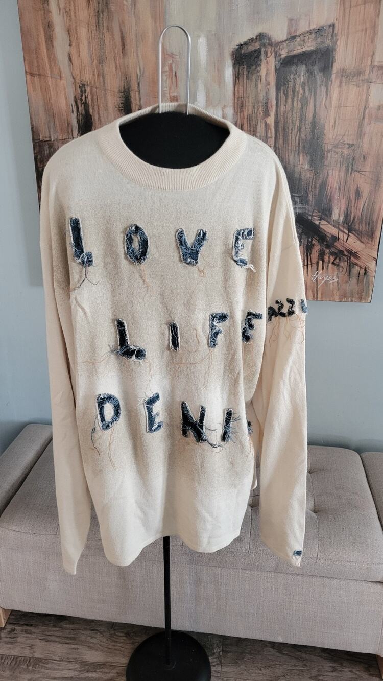 Azzure Denim Love Life Denim Distressed Sweater XXL Cream Oversized Knit...